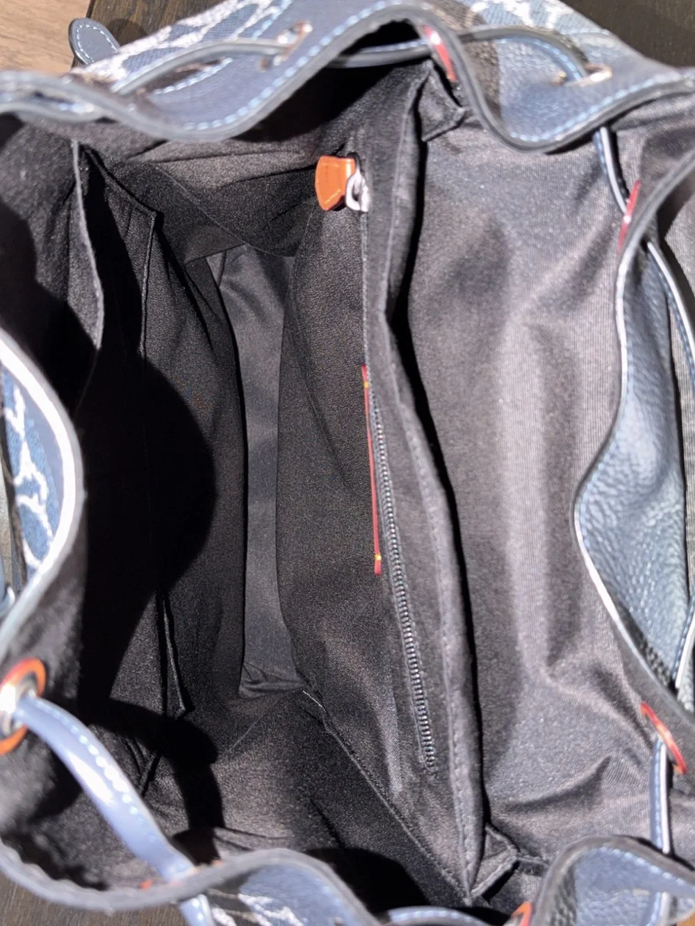 Coach Navy Signature Jacquard Backpack with Leather Trim